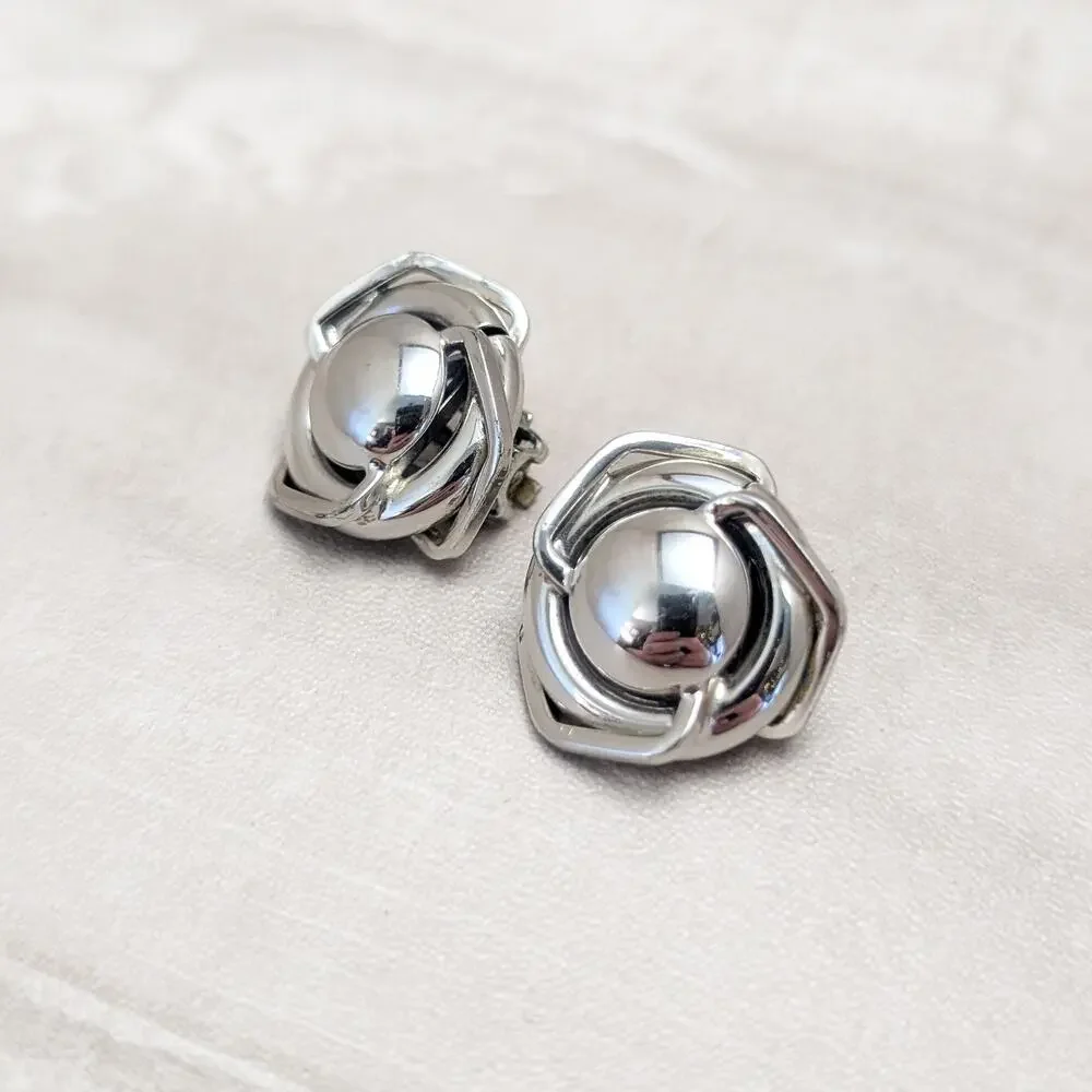 Vintage Clip On Earrings Modern MCM Design Large Statement Silver Tone